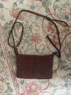 Genuine dark brown leather woven crossbody bag